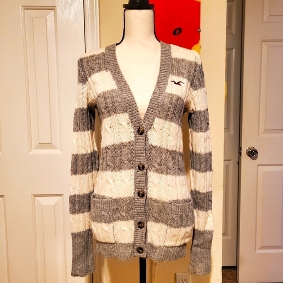 Hollister | Gray & White Striped Cardigan - Picture 1 of 5